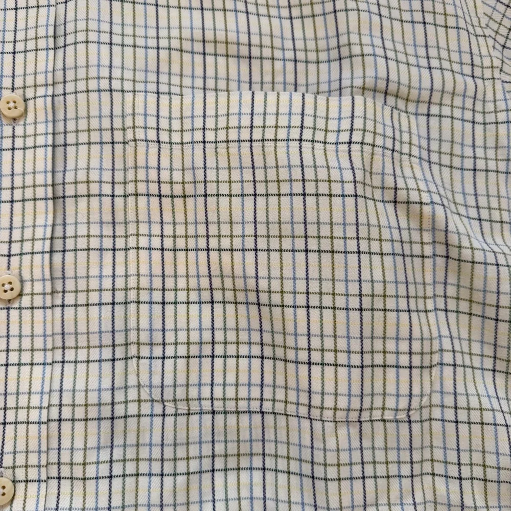 Robert Talbott XL Cream Green Blue Check Button Down Shirt Cotton Top